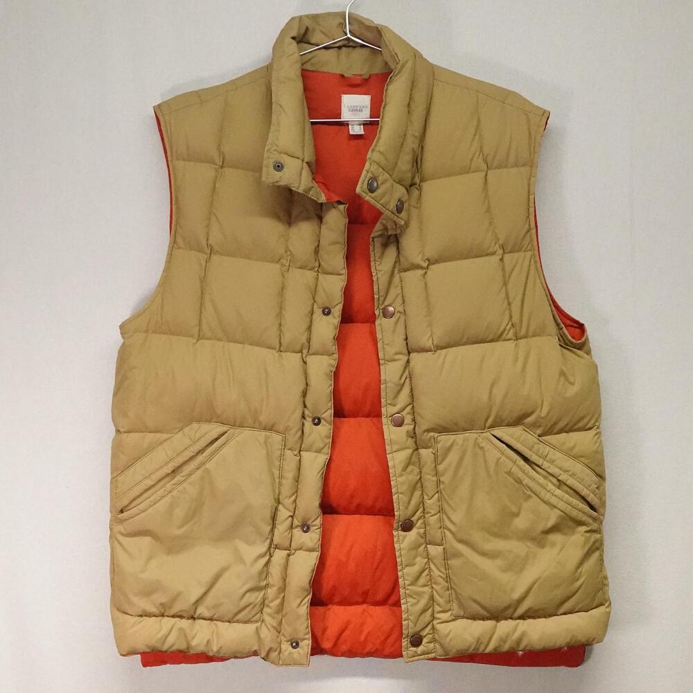 Lands End Vest Mens Medium Beige Down Puffer Snap Pockets Quilted